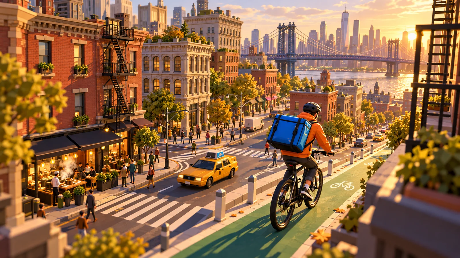 Concept artwork of a bicycle courier riding through a warm, stylized New York streetscape