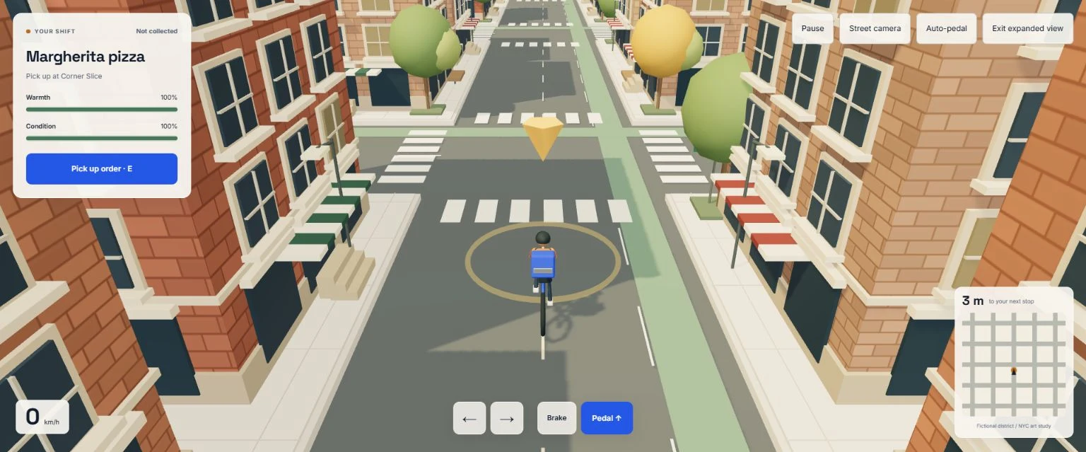 Actual browser prototype showing a courier, brick buildings, storefronts, shadows and a delivery marker
